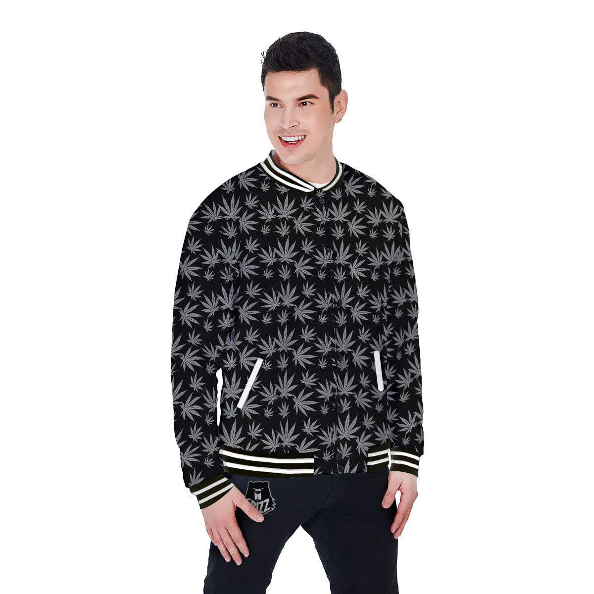 Pot Leaf Grey And Black Print Pattern Baseball Jacket-grizzshop