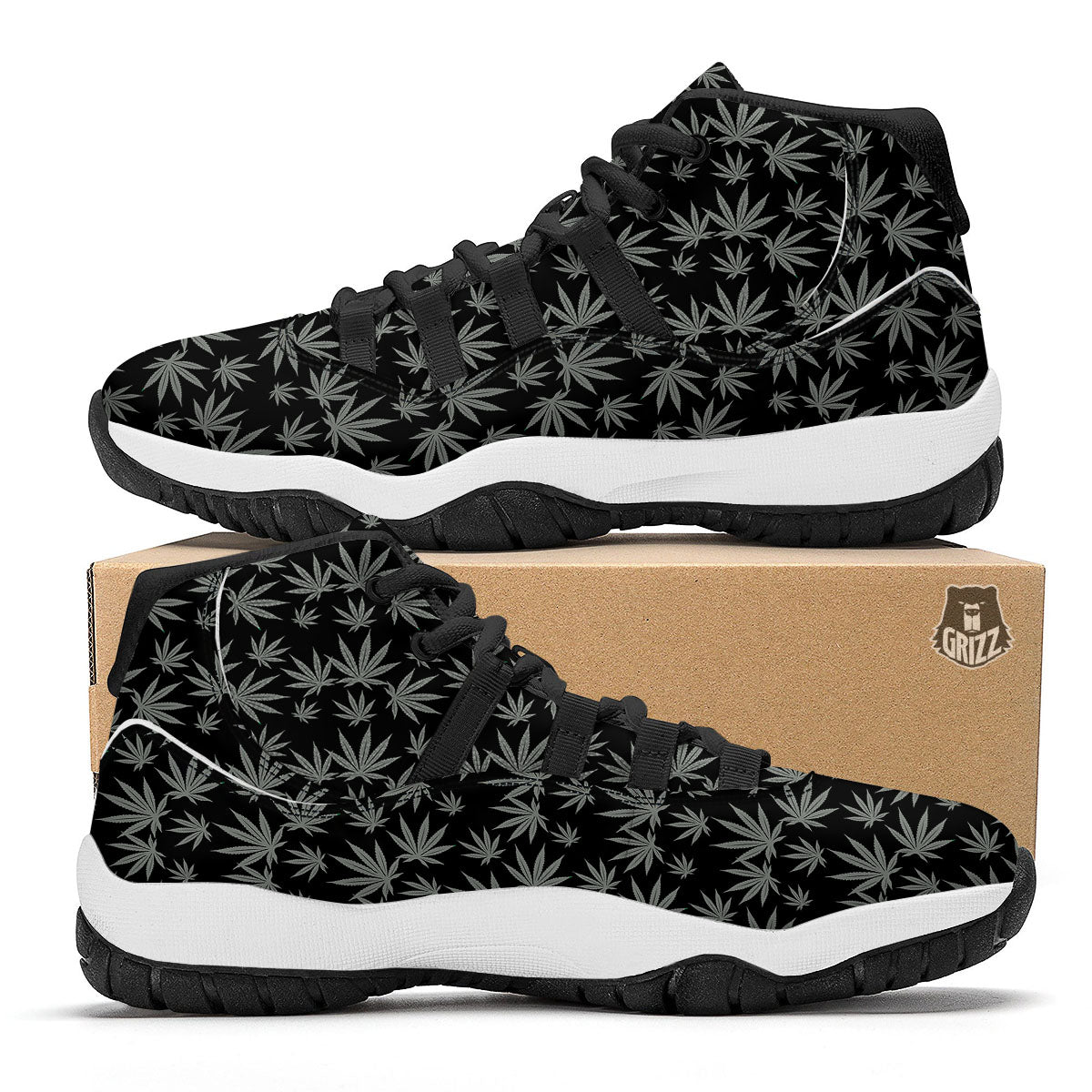 Pot Leaf Grey And Black Print Pattern Black Bball Shoes-grizzshop