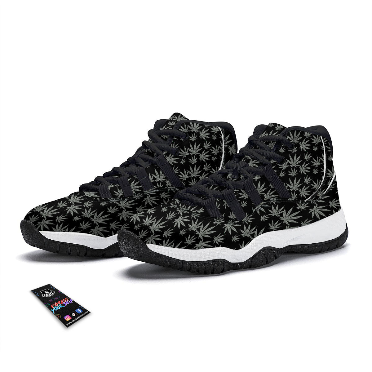 Pot Leaf Grey And Black Print Pattern Black Bball Shoes-grizzshop