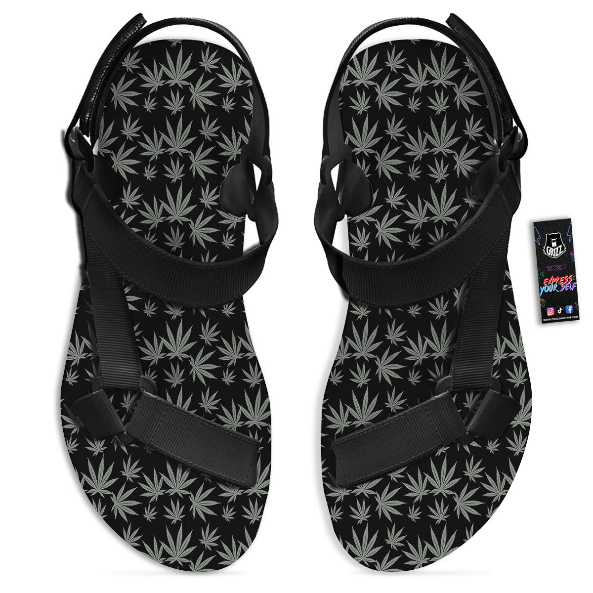 Pot Leaf Grey And Black Print Pattern Black Open Toe Sandals-grizzshop