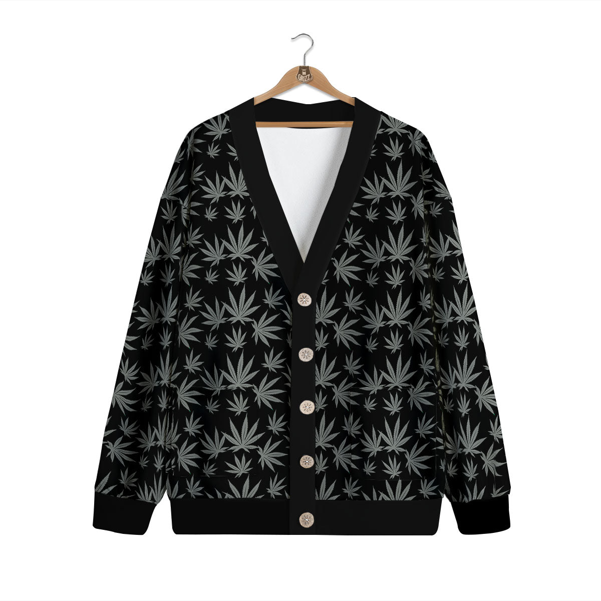 Pot Leaf Grey And Black Print Pattern Cardigan-grizzshop
