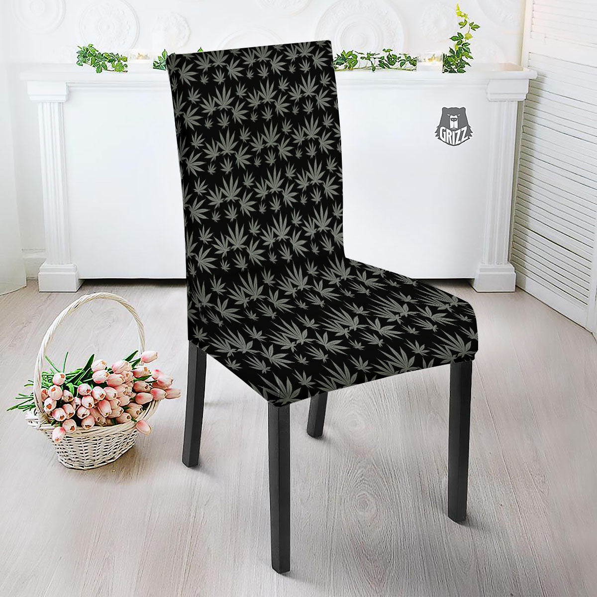 Pot Leaf Grey And Black Print Pattern Dining Chair Slipcover-grizzshop