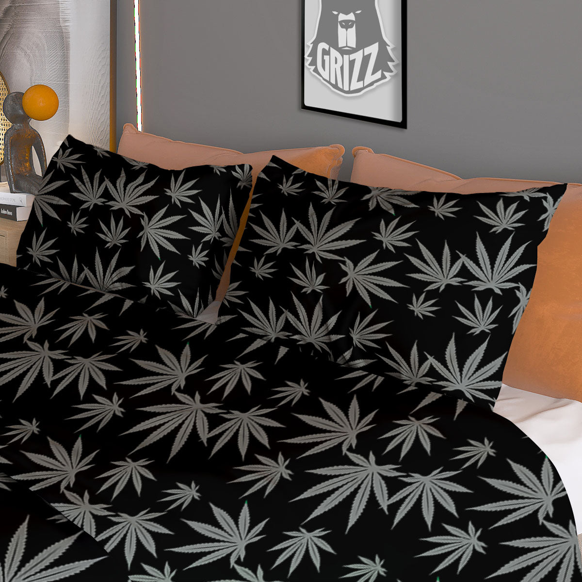 Pot Leaf Grey And Black Print Pattern Duvet Cover Bedding Set