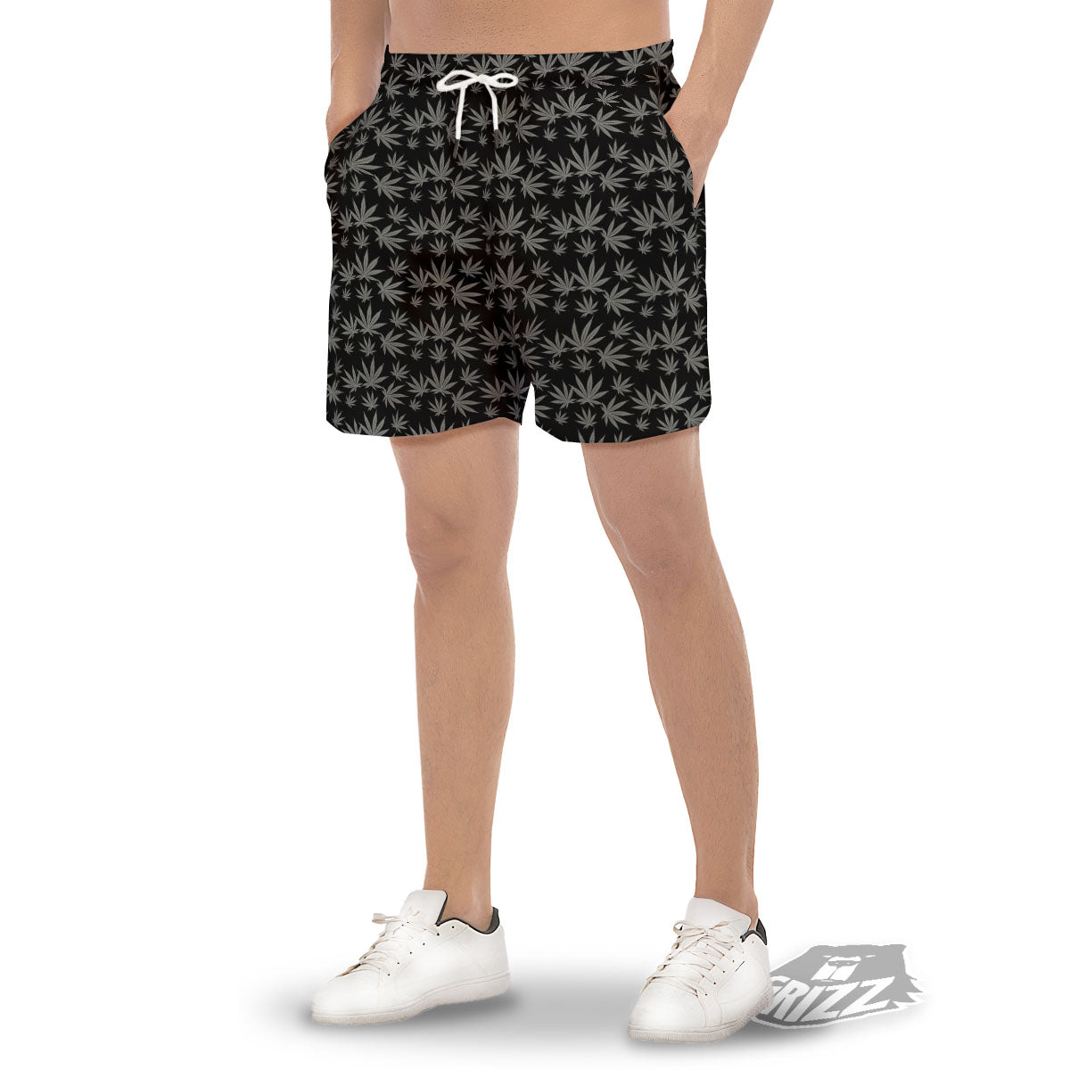 Pot Leaf Grey And Black Print Pattern Men's Gym Shorts-grizzshop