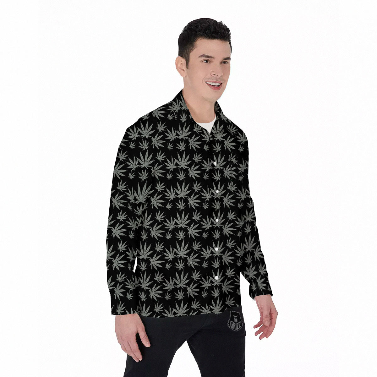 Pot Leaf Grey And Black Print Pattern Men's Long Sleeve Shirts-grizzshop