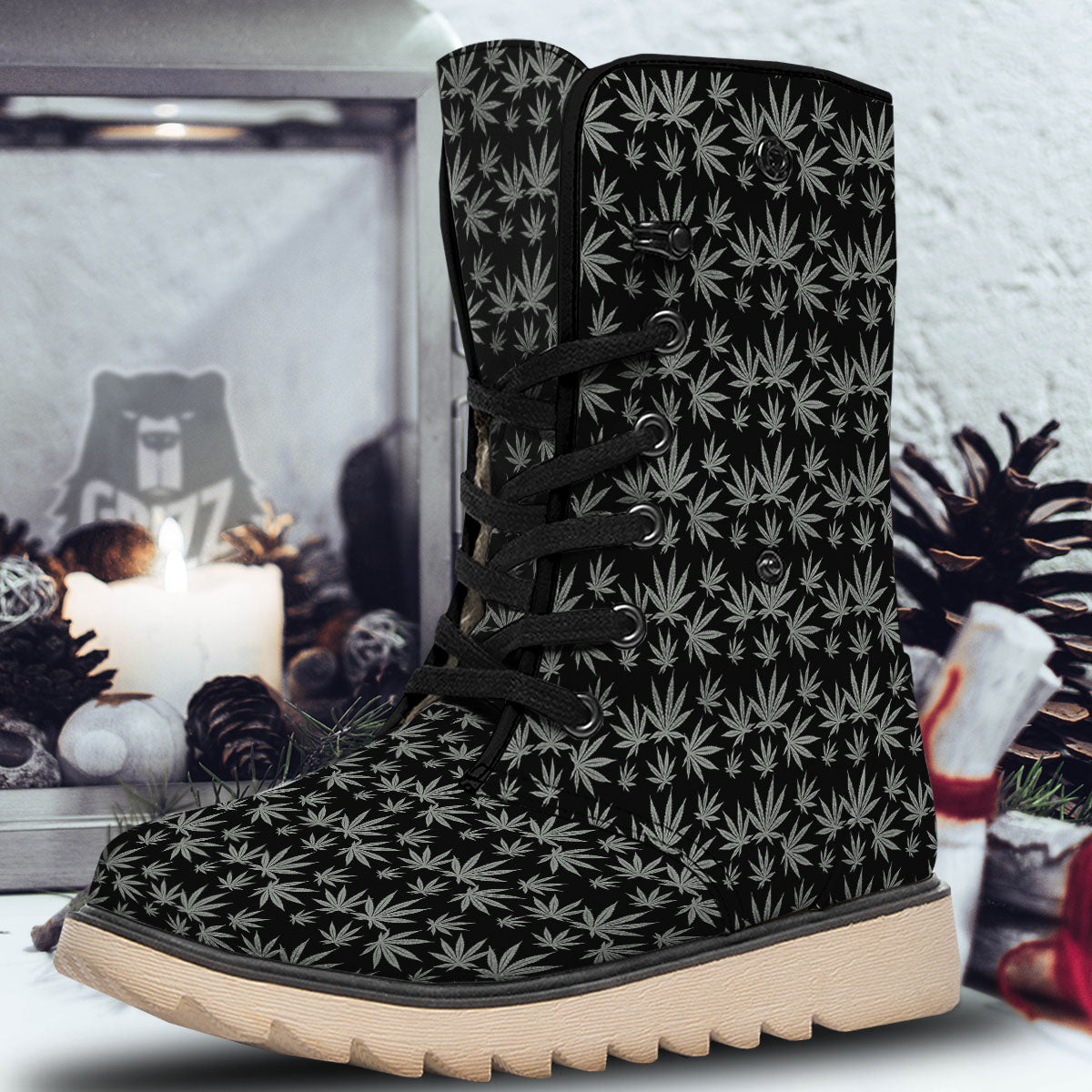 Pot Leaf Grey And Black Print Pattern Snow Boots-grizzshop
