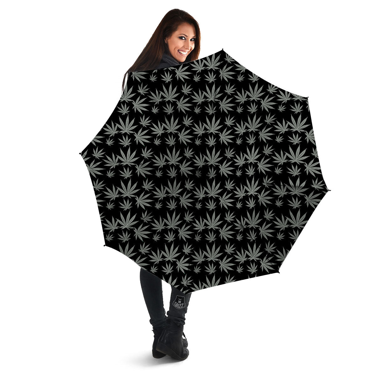 Pot Leaf Grey And Black Print Pattern Umbrella-grizzshop