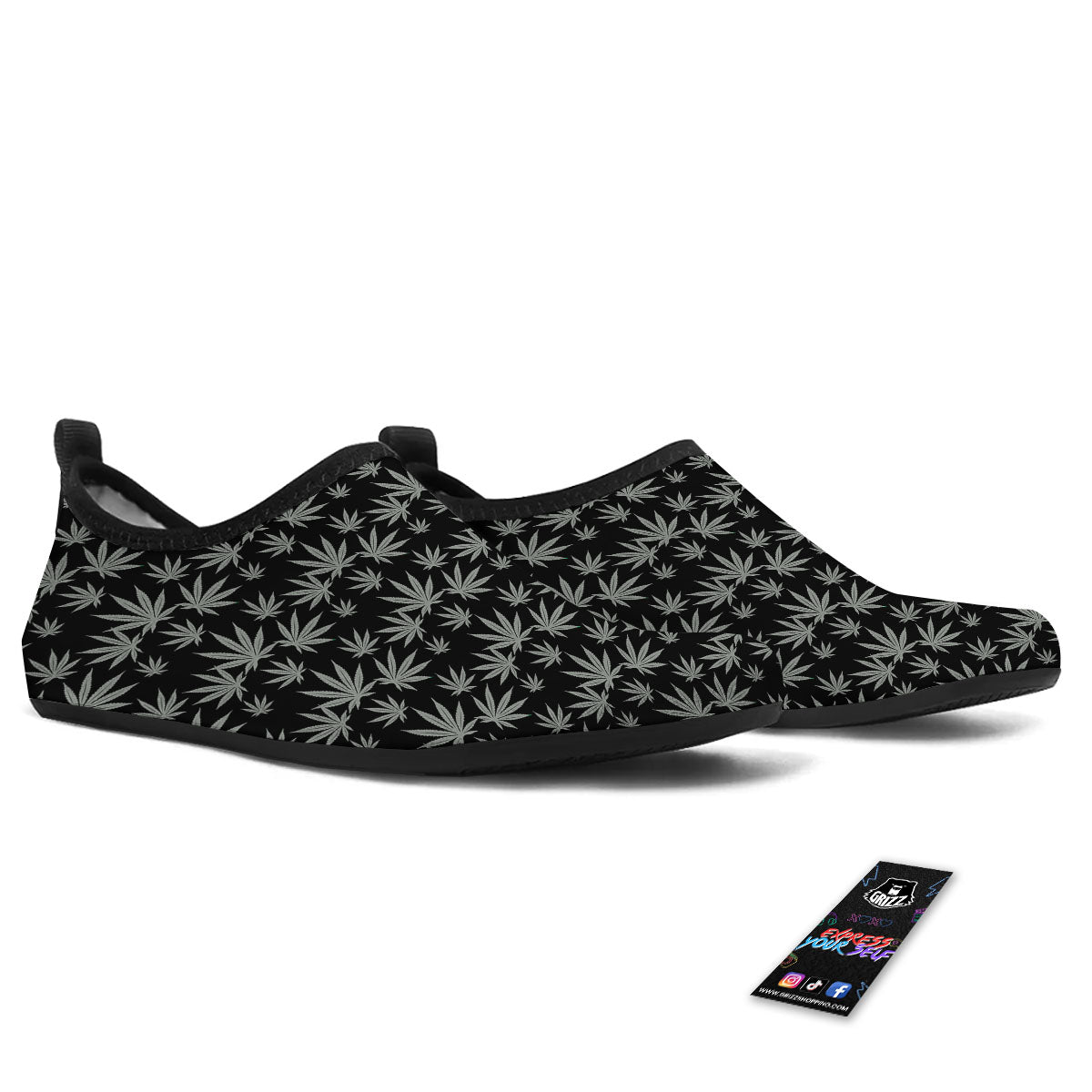 Pot Leaf Grey And Black Print Pattern Water Shoes-grizzshop