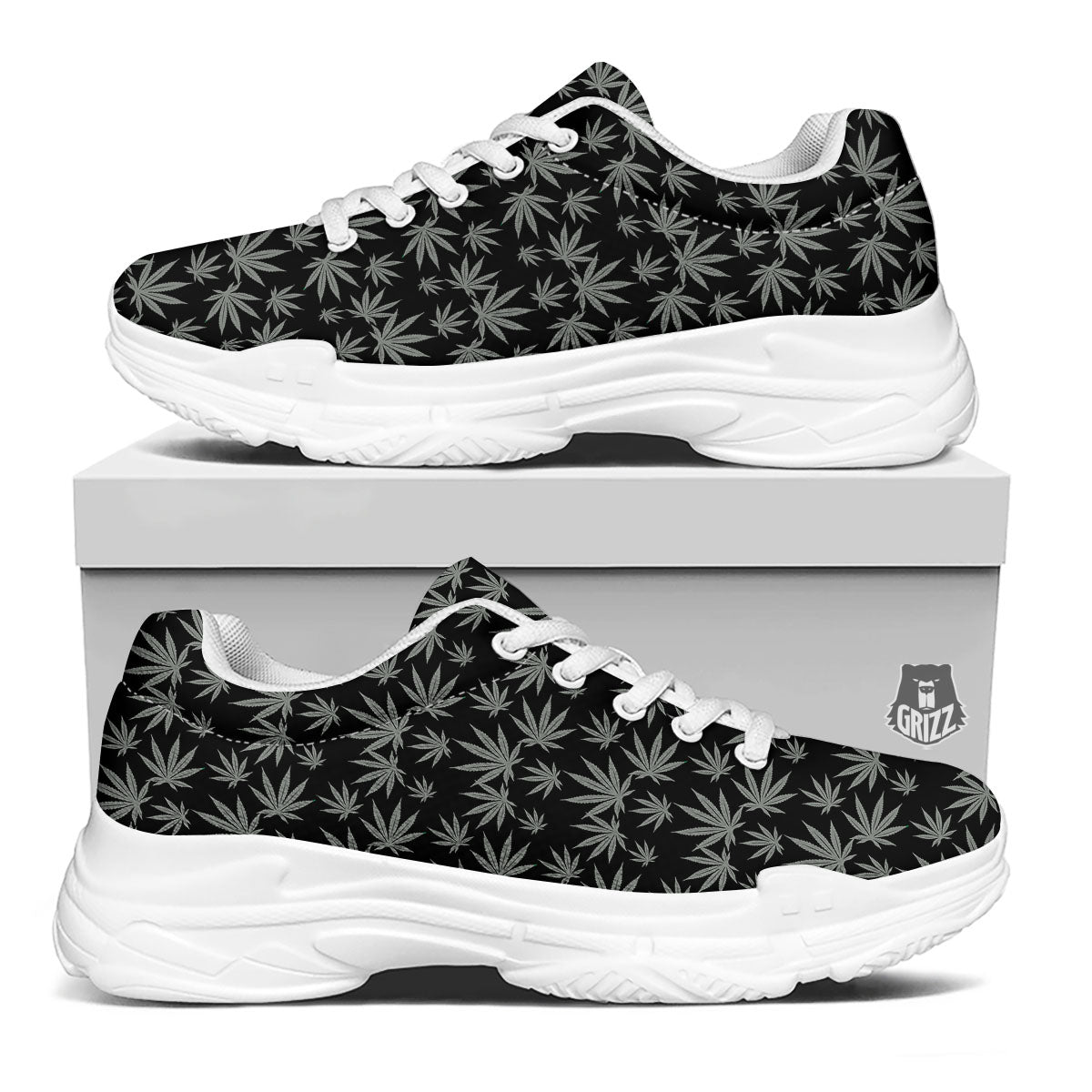 Pot Leaf Grey And Black Print Pattern White Chunky Shoes-grizzshop