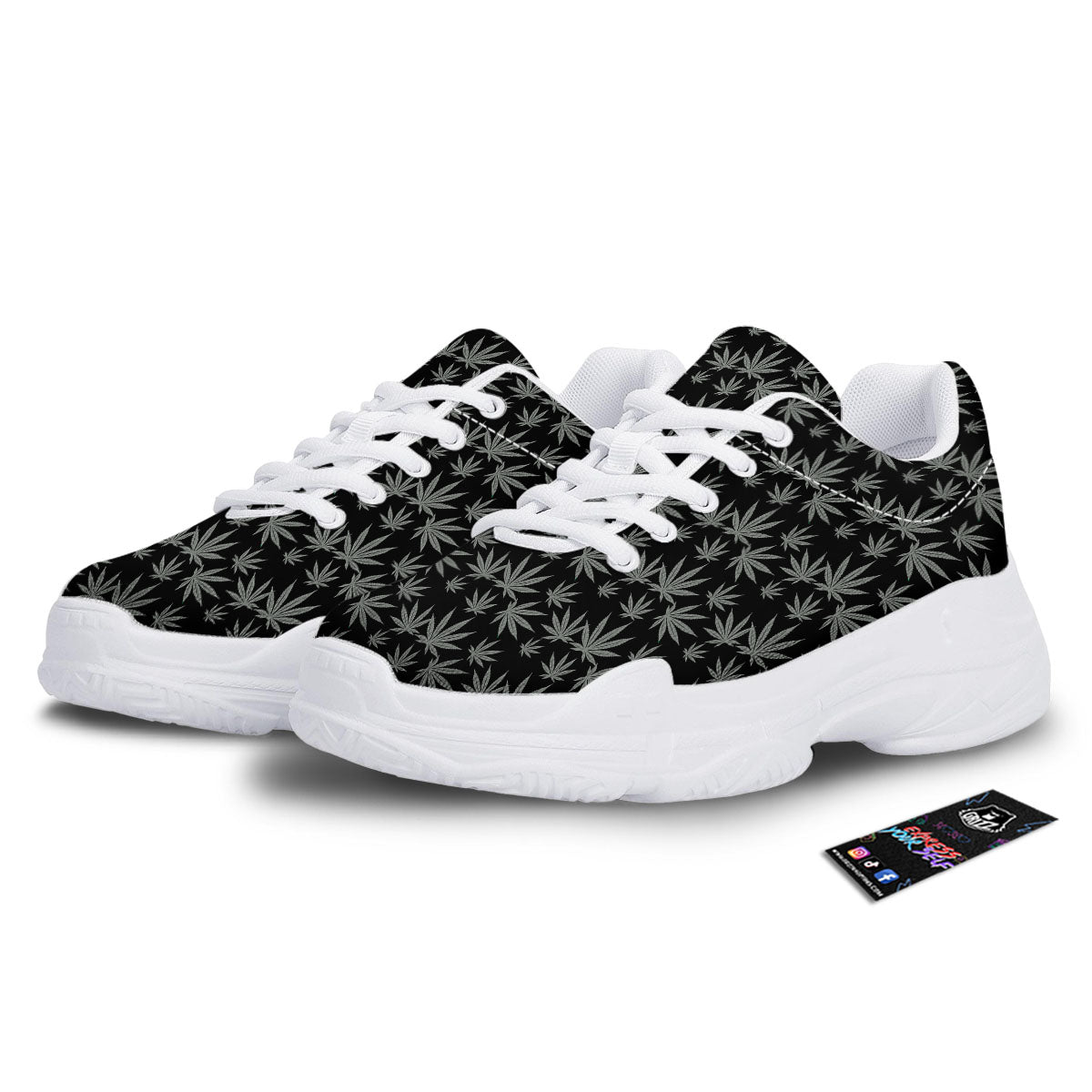 Pot Leaf Grey And Black Print Pattern White Chunky Shoes-grizzshop