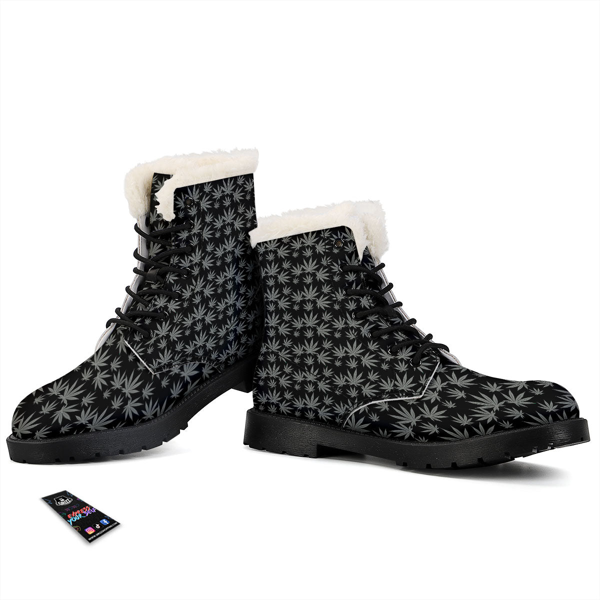 Pot Leaf Grey And Black Print Pattern Winter Boots-grizzshop