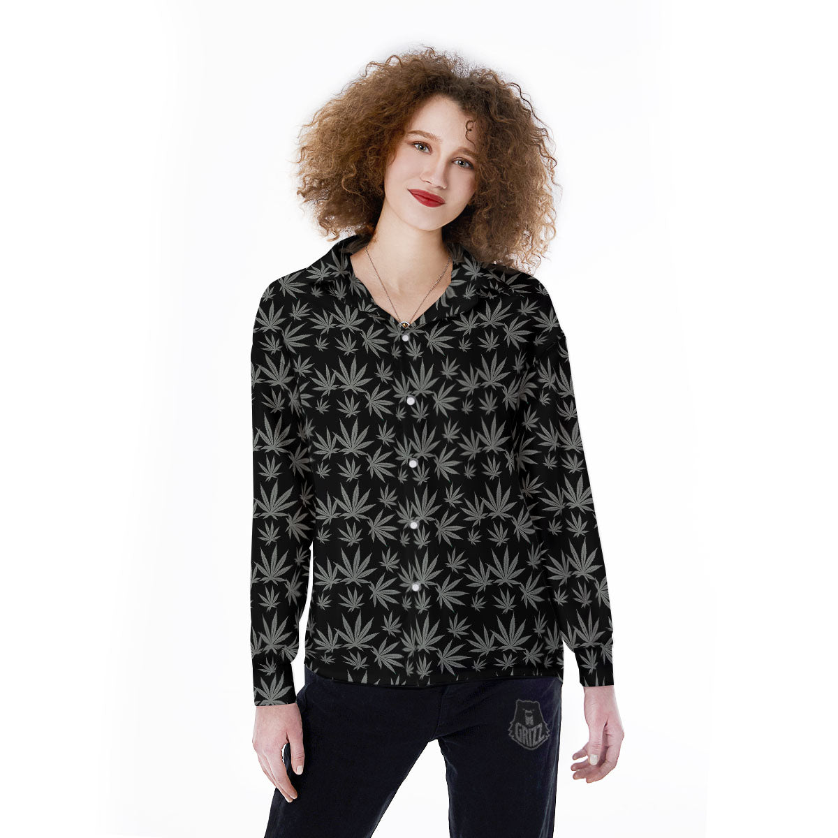Pot Leaf Grey And Black Print Pattern Women's Long Sleeve Shirts-grizzshop