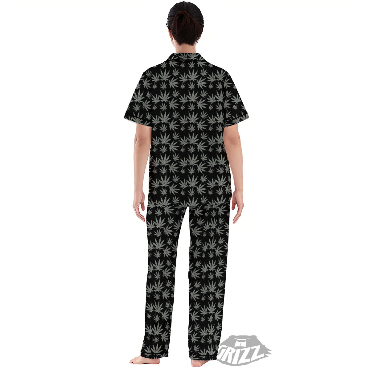 Pot Leaf Grey And Black Print Pattern Women's Pajamas Set-grizzshop