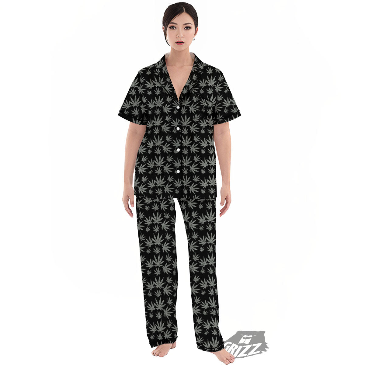 Pot Leaf Grey And Black Print Pattern Women's Pajamas Set-grizzshop