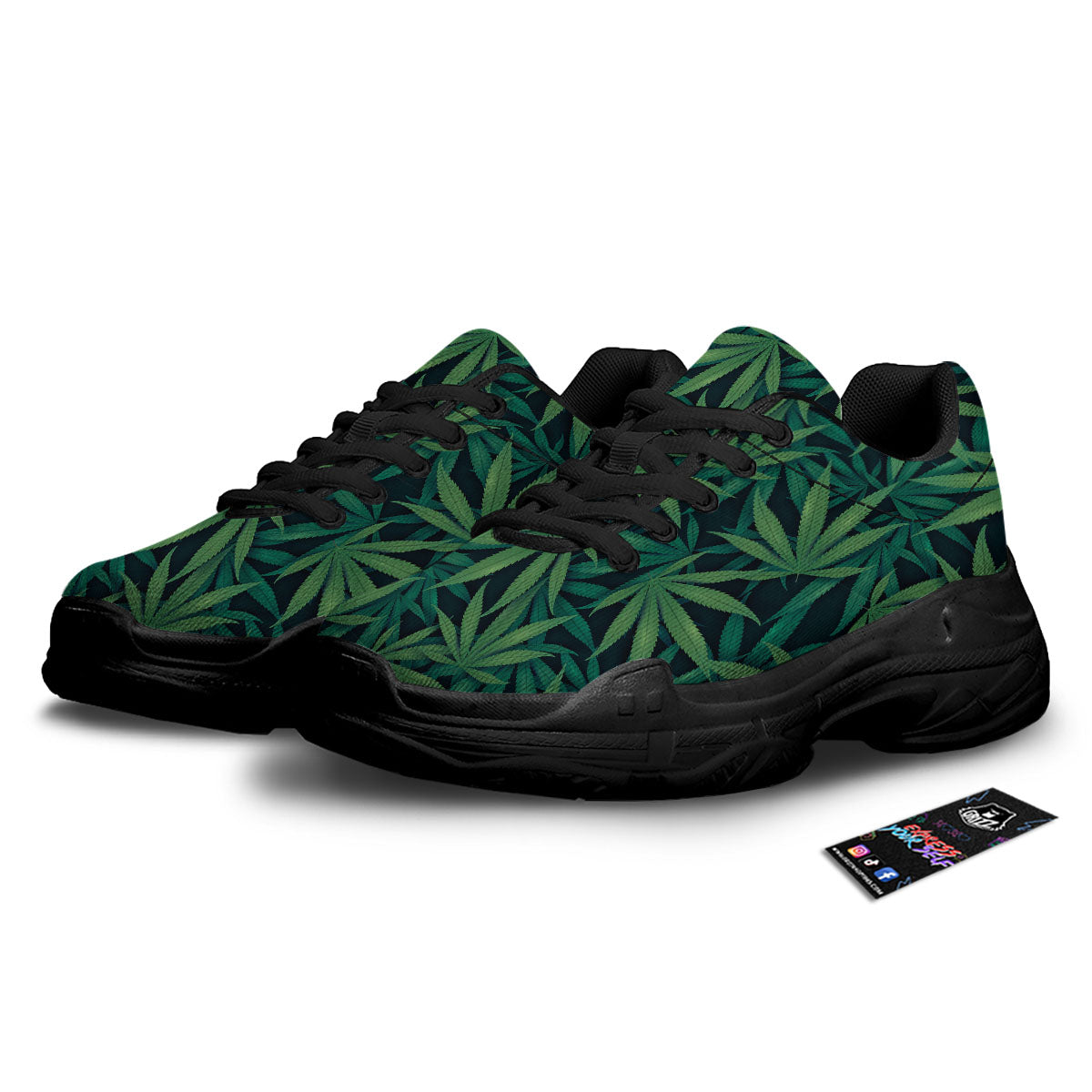 Pot Leaf Print Pattern Black Chunky Shoes-grizzshop