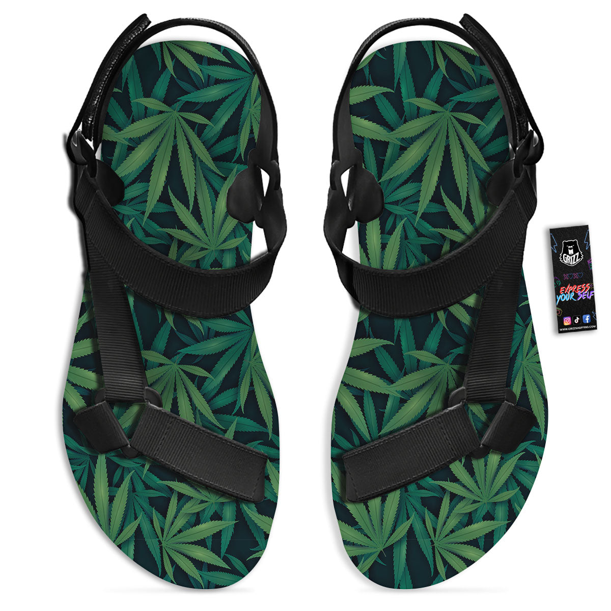 Pot Leaf Print Pattern Black Open Toe Sandals-grizzshop