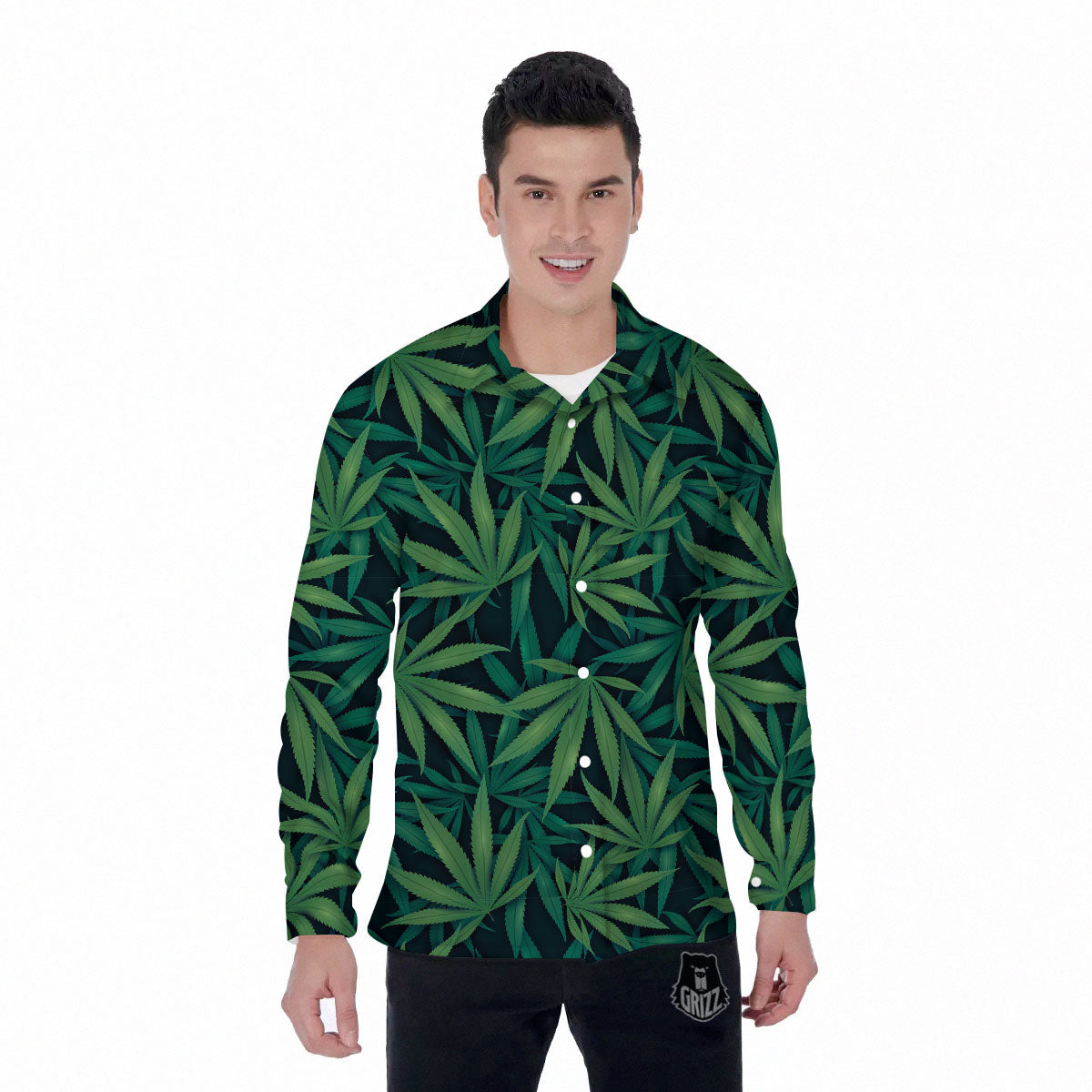 Pot Leaf Print Pattern Men's Long Sleeve Shirts-grizzshop