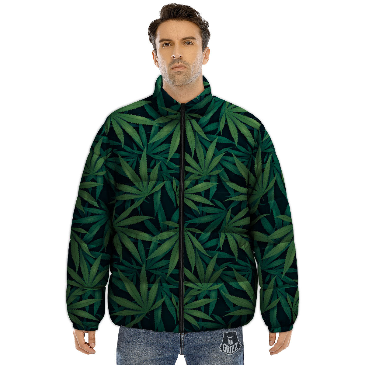 Pot Leaf Print Pattern Puffer Jacket-grizzshop