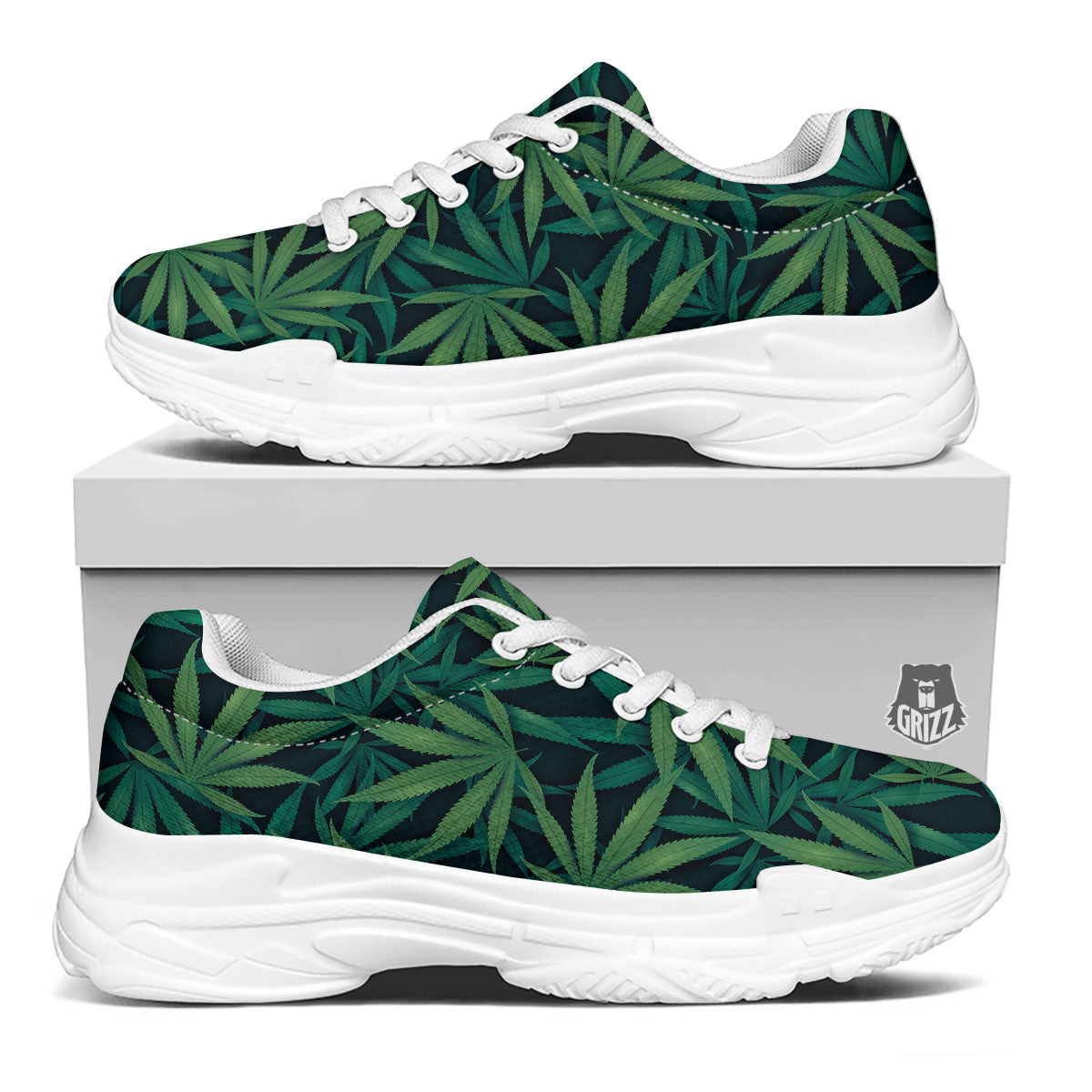Pot Leaf Print Pattern White Chunky Shoes-grizzshop