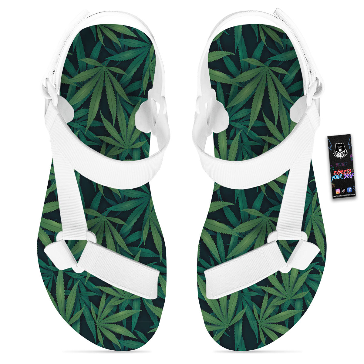 Pot Leaf Print Pattern White Open Toe Sandals-grizzshop