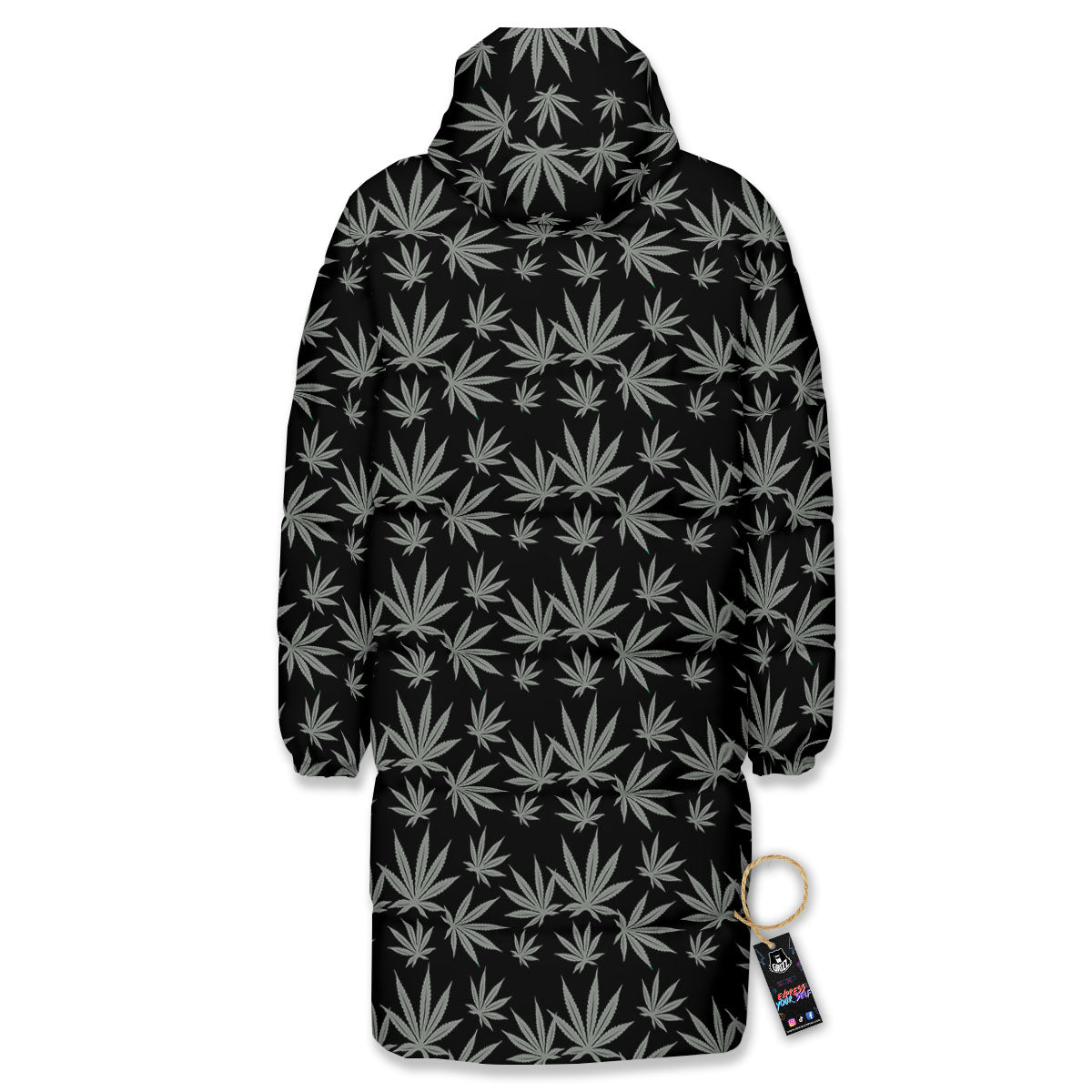 Pot Leaf Grey And Black Print Pattern Long Down Jacket