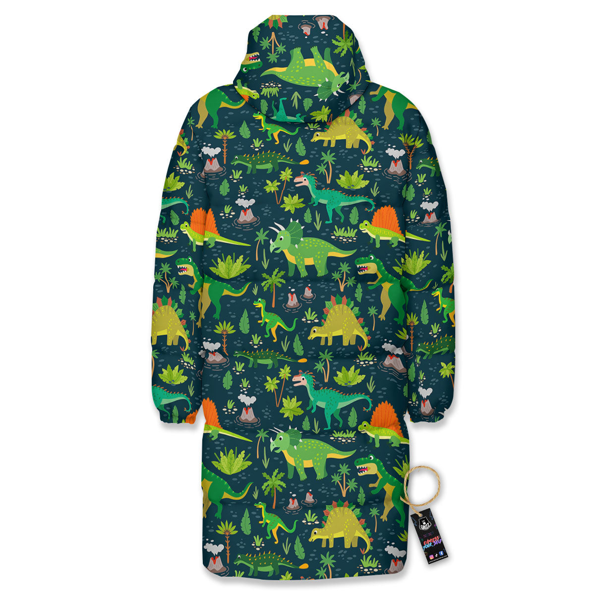 Prehistoric Plants And Dinosaur Print Long Down Jacket-grizzshop