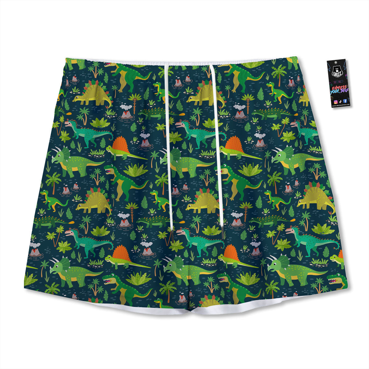 Prehistoric Plants And Dinosaur Print Mesh Shorts