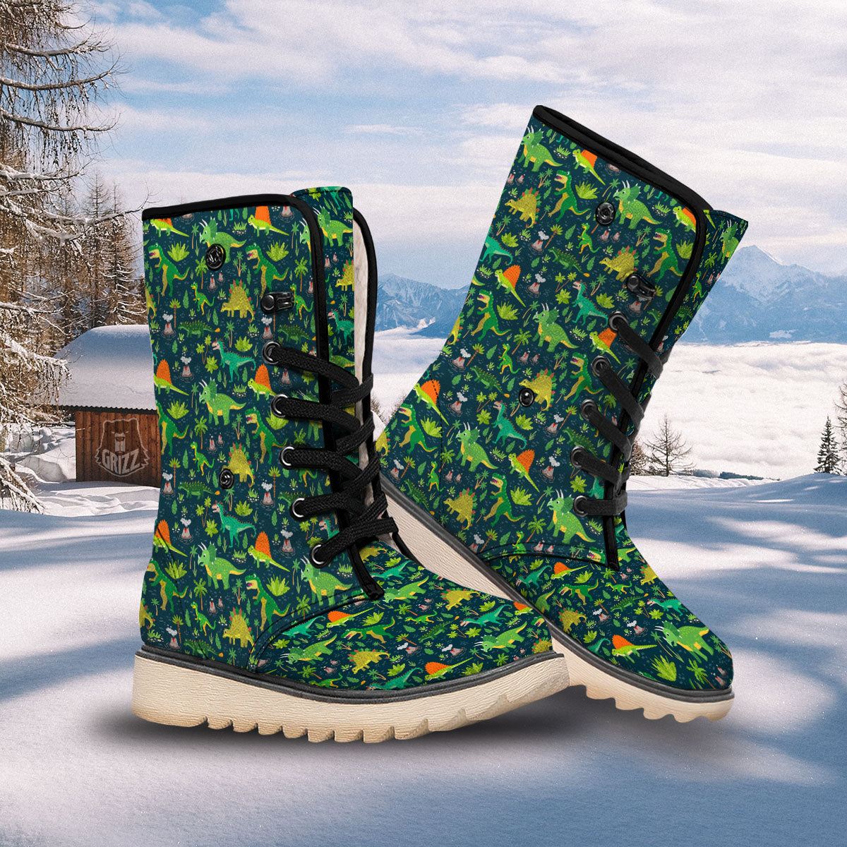 Prehistoric Plants And Dinosaur Print Snow Boots-grizzshop