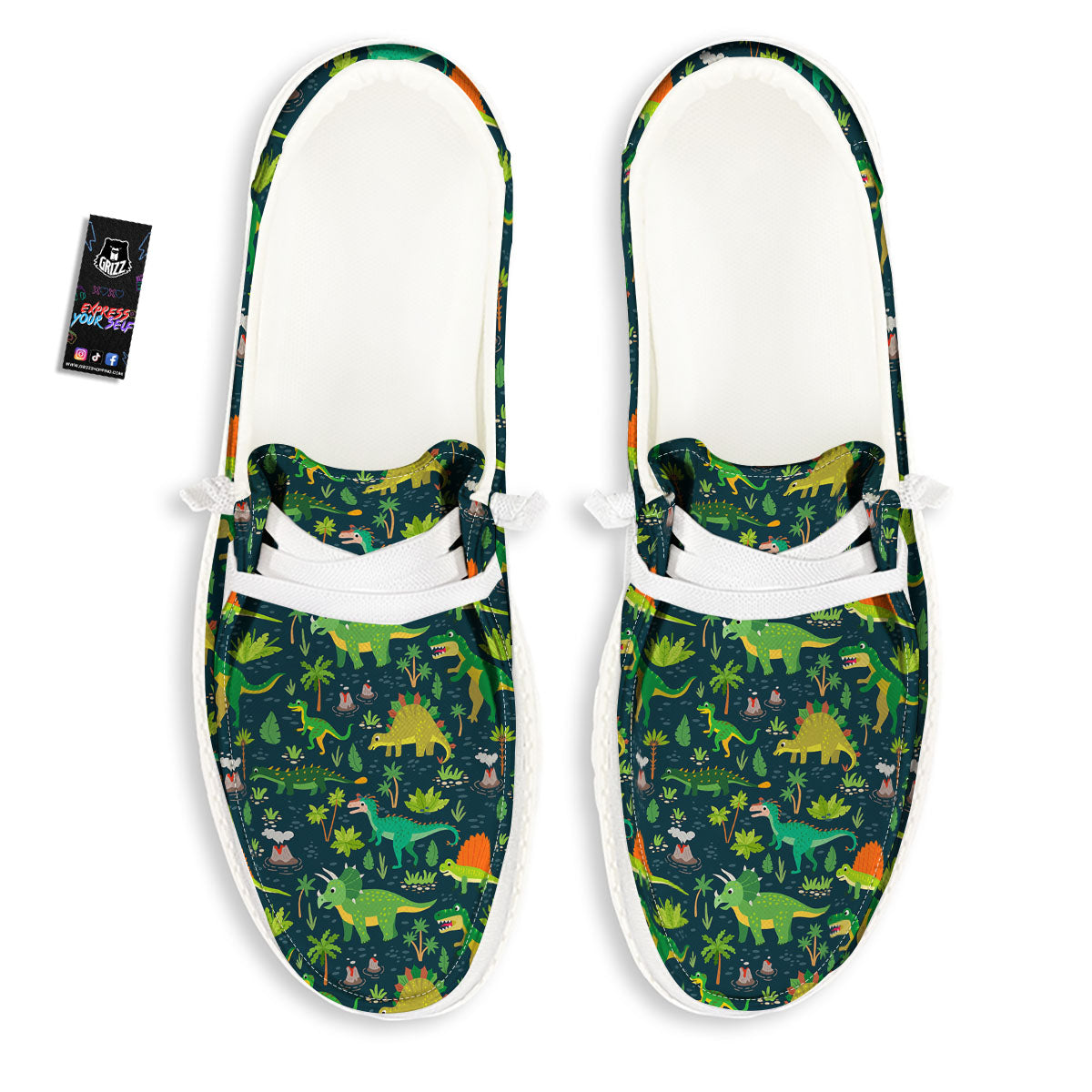 Prehistoric Plants And Dinosaur Print White Loafers-grizzshop