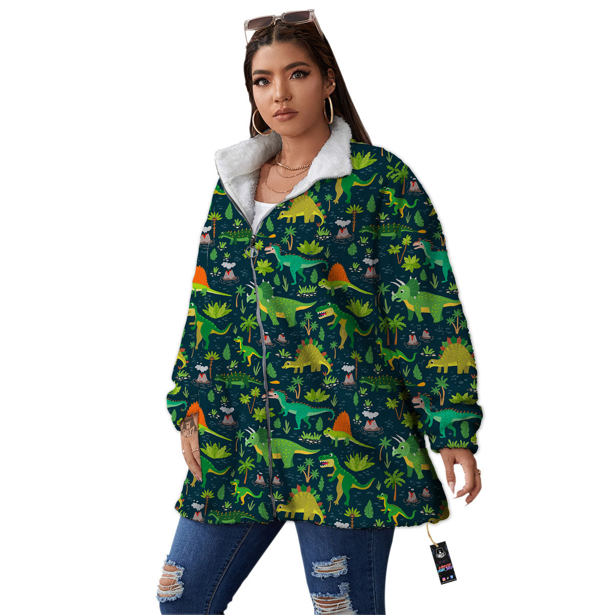 Prehistoric Plants And Dinosaur Print Women's Sherpa Jacket-grizzshop