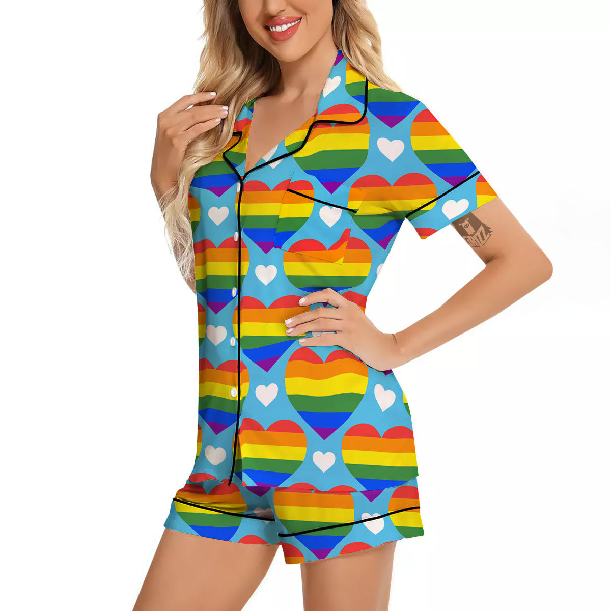 Pride Heart Rainbow LGBT Print Pattern Women Silk Pajamas-grizzshop