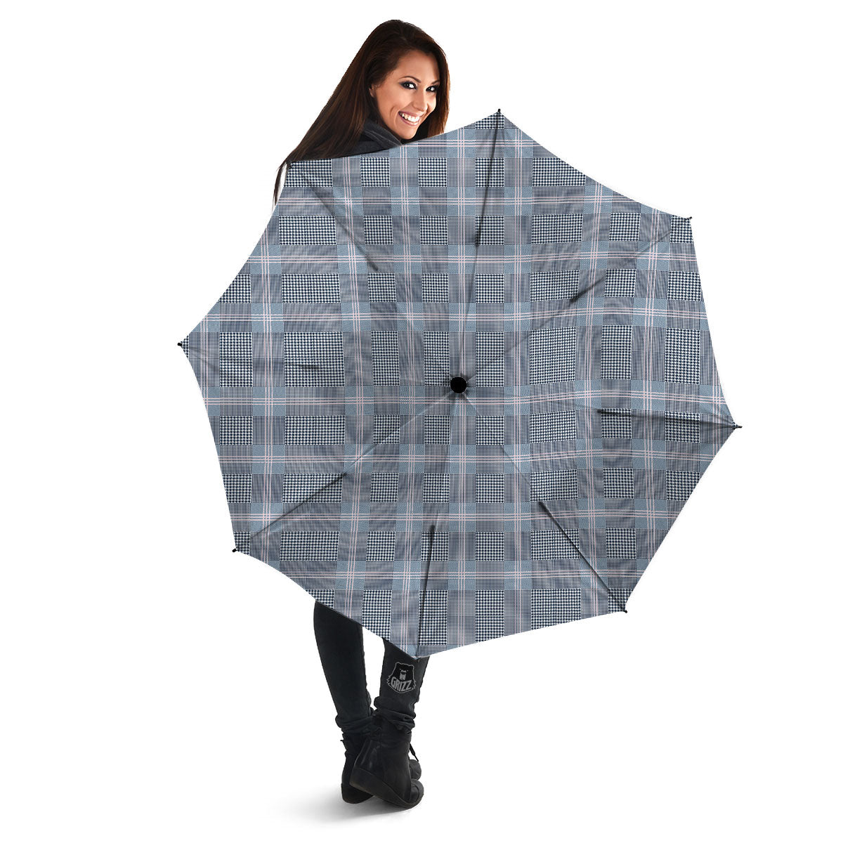 Prince of Wales Navy Blue Check Print Umbrella-grizzshop
