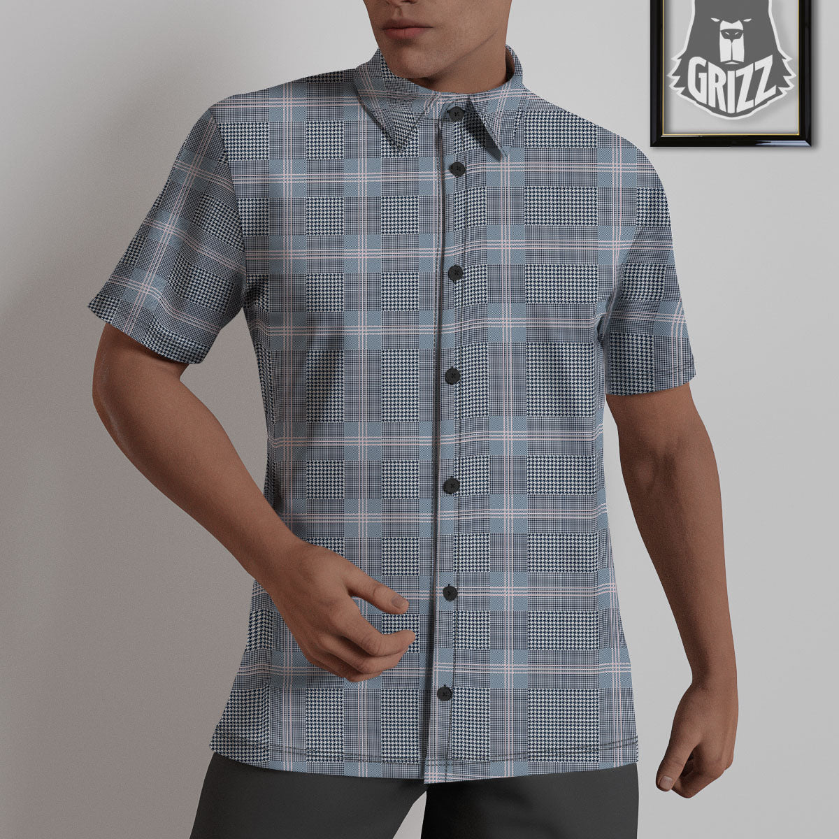 Prince of Wales Navy Blue Check Print Untucked Shirts-grizzshop