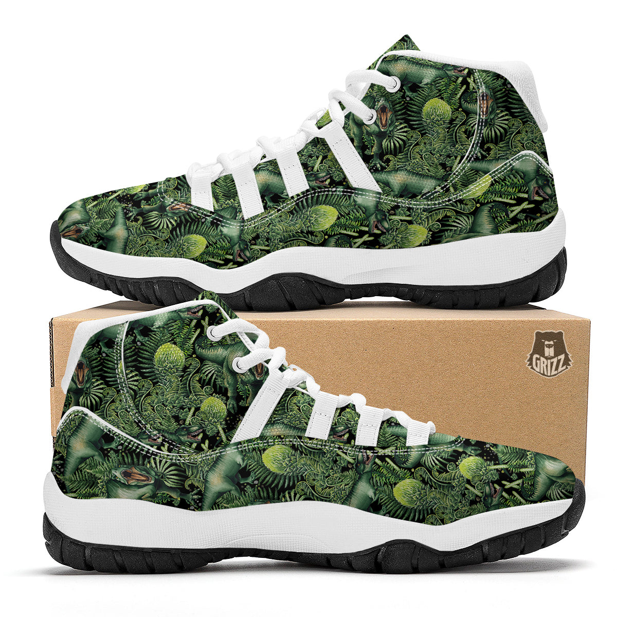 Print Pattern Dinosaur T rex White Bball Shoes-grizzshop