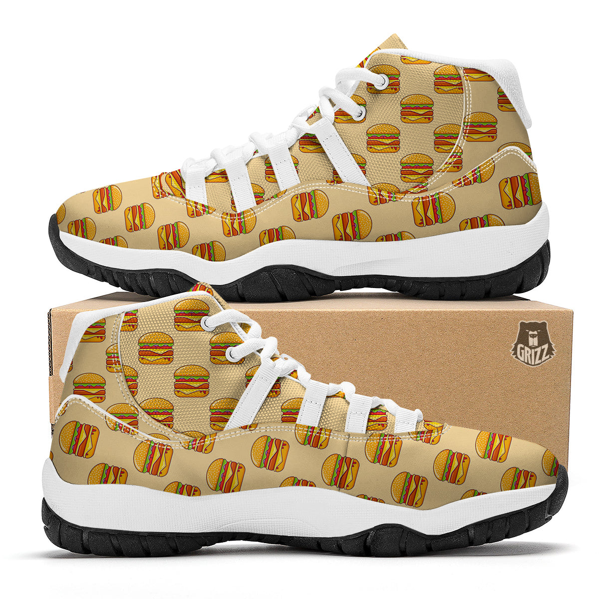 Print Pattern Hamburger White Bball Shoes-grizzshop