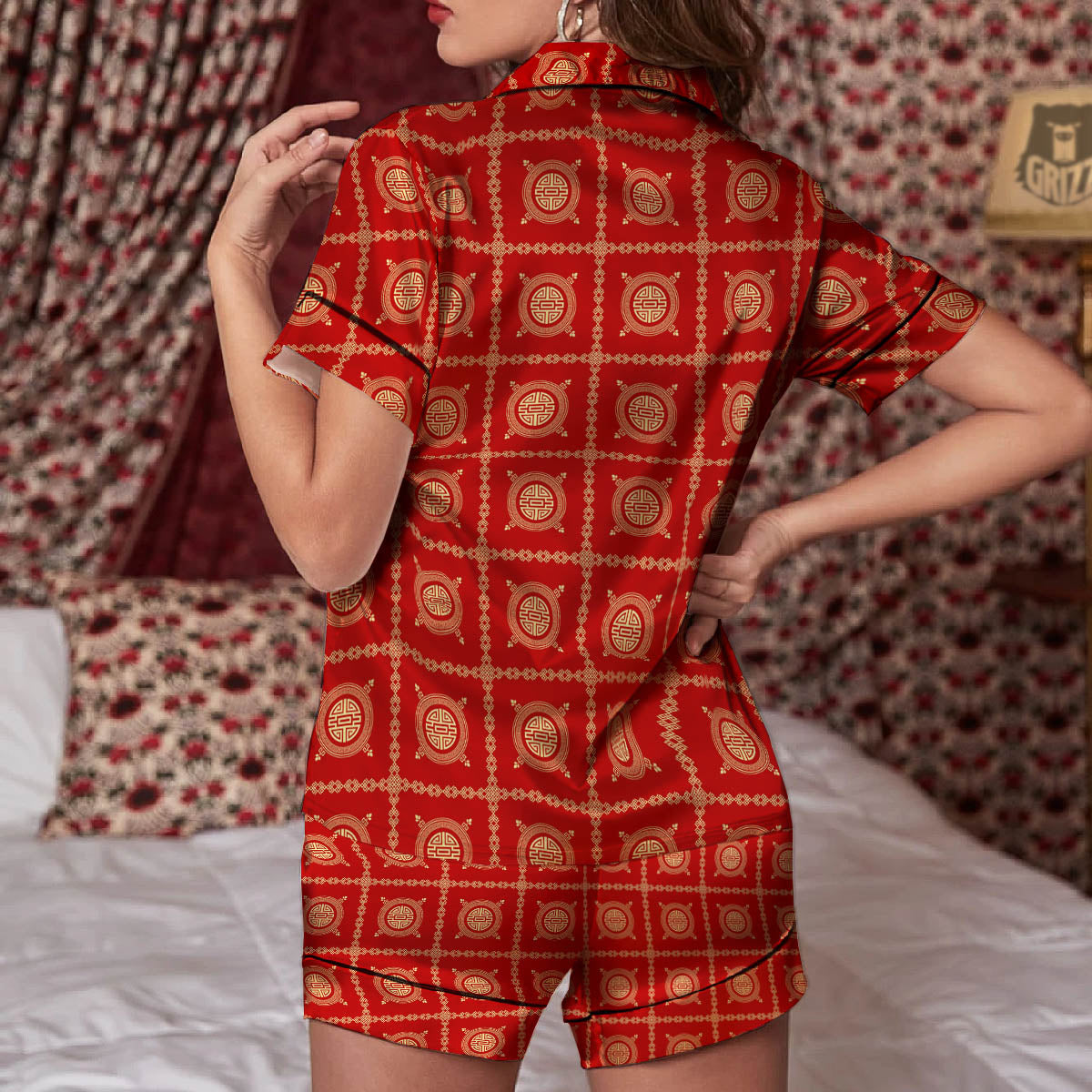 Prosperity Symbol Chinese Print Pattern Women Silk Pajamas-grizzshop