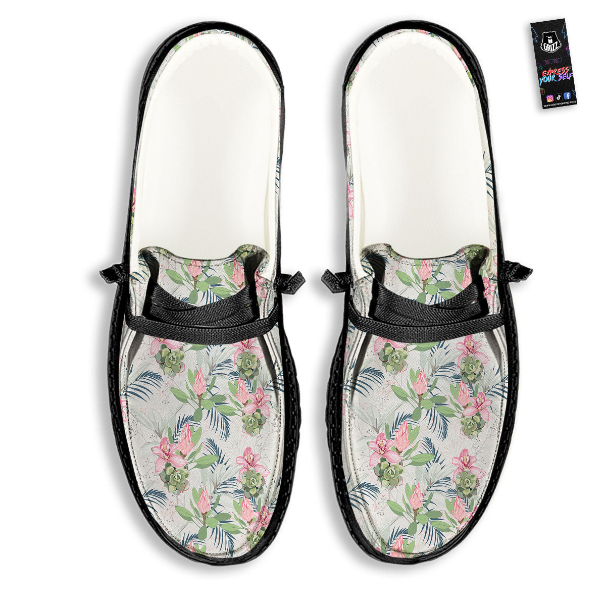 Protea Pink Print Pattern Black Loafers-grizzshop