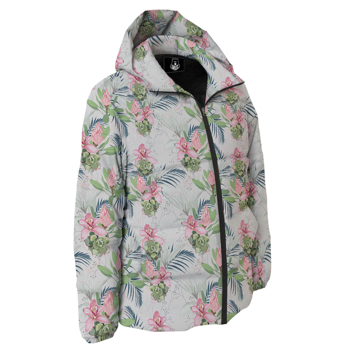 Protea Pink Print Pattern Down Jacket-grizzshop