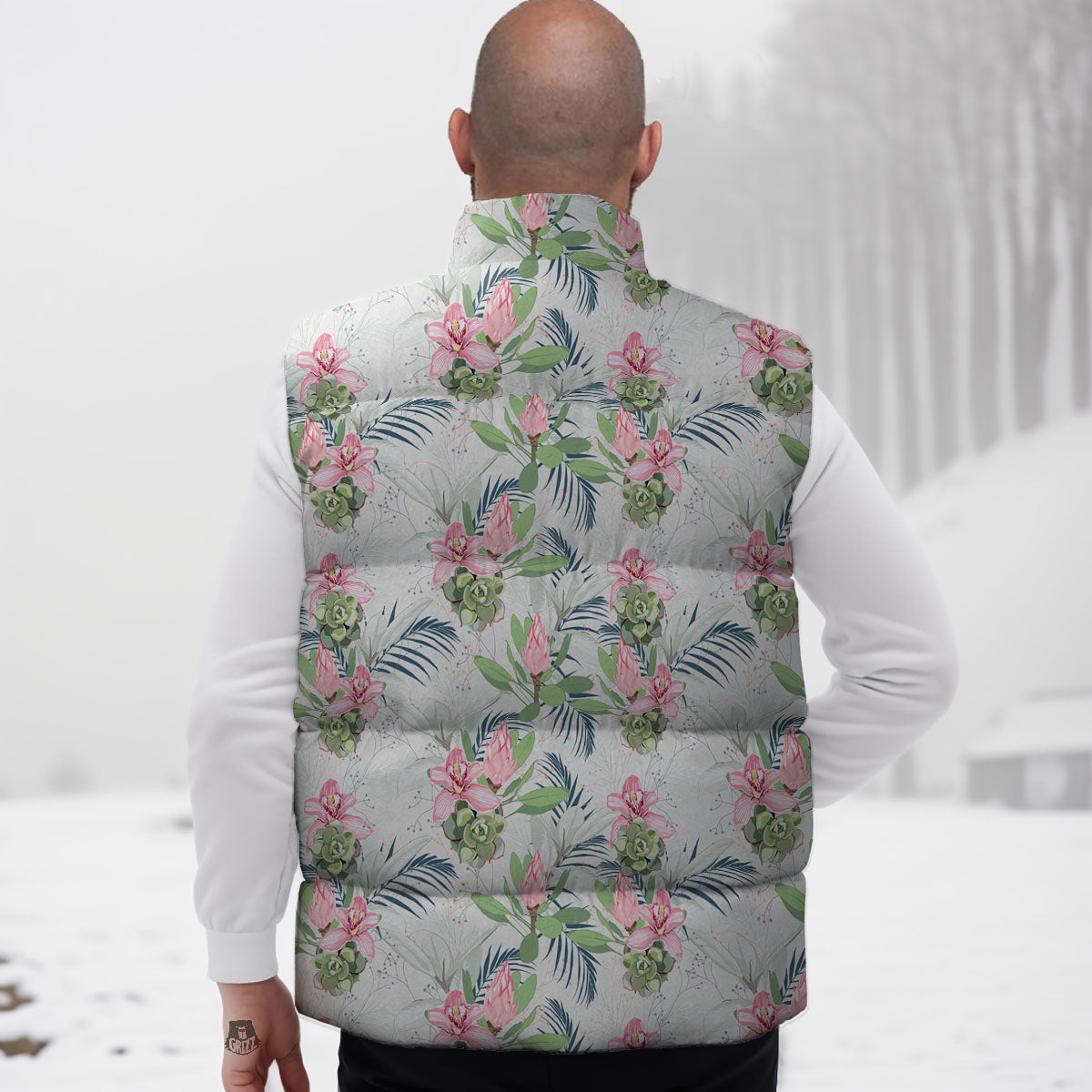 Protea Pink Print Pattern Down Vest-grizzshop