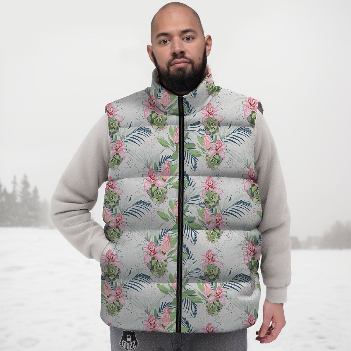 Protea Pink Print Pattern Down Vest-grizzshop