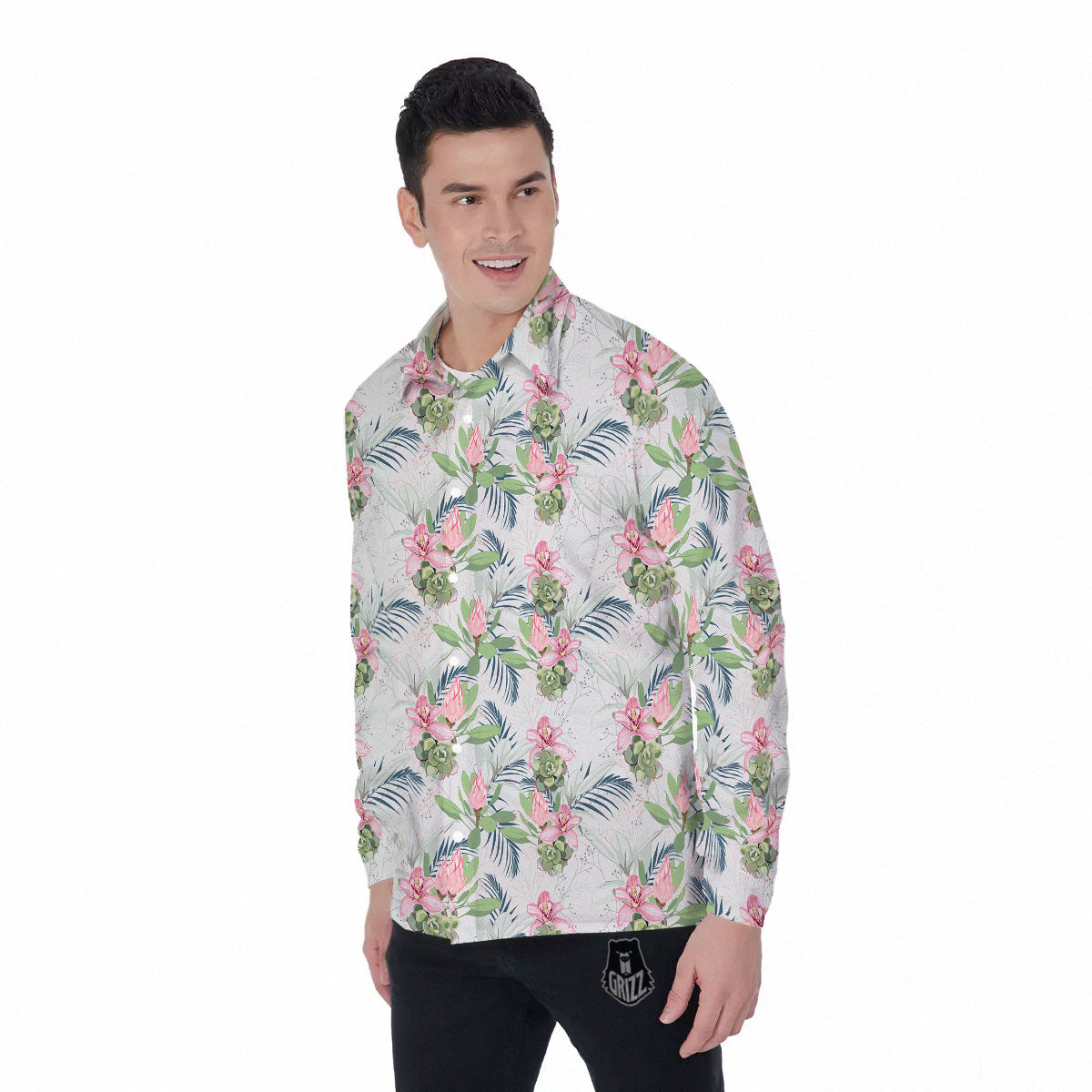 Protea Pink Print Pattern Men's Long Sleeve Shirts-grizzshop