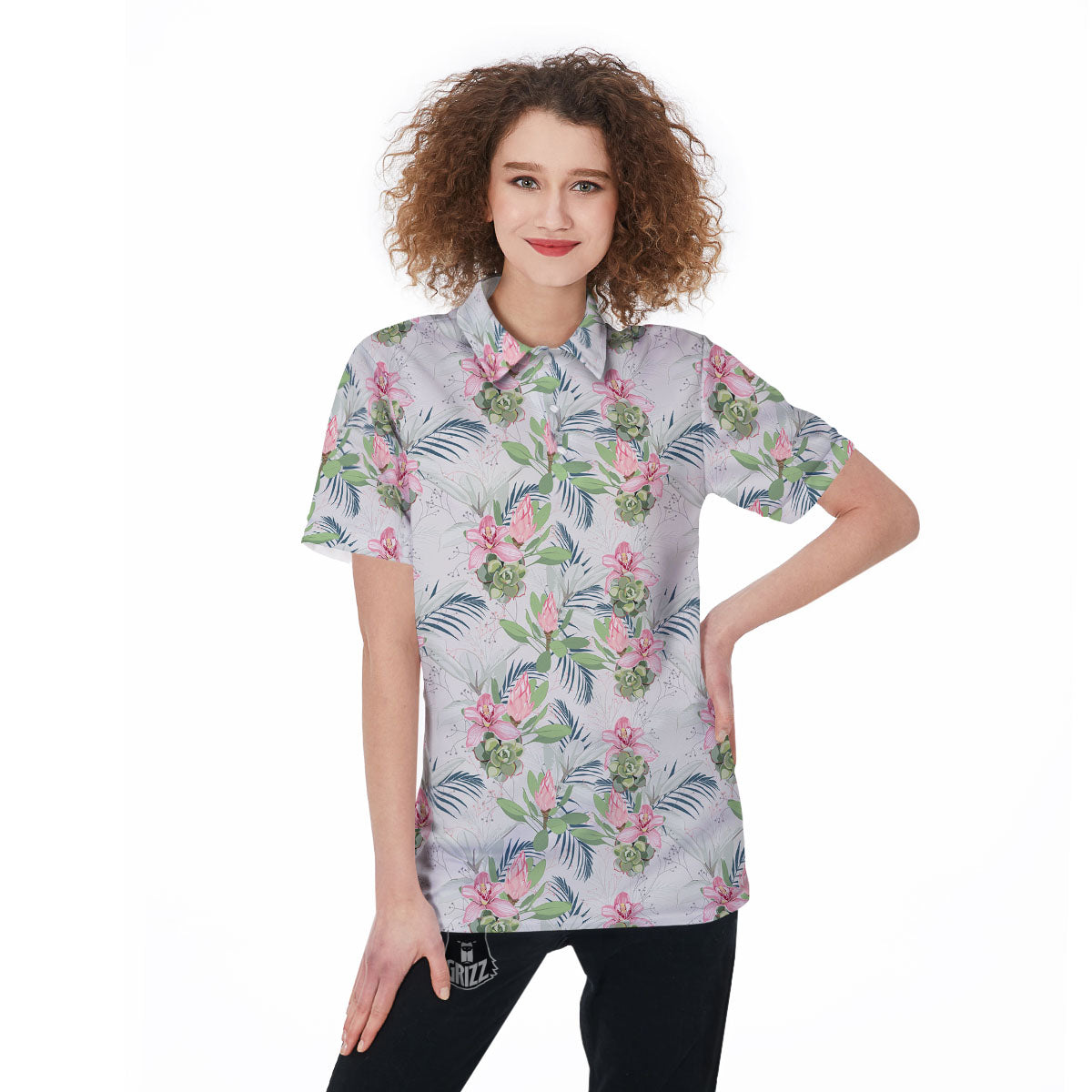 Protea Pink Print Pattern Women's Golf Shirts-grizzshop