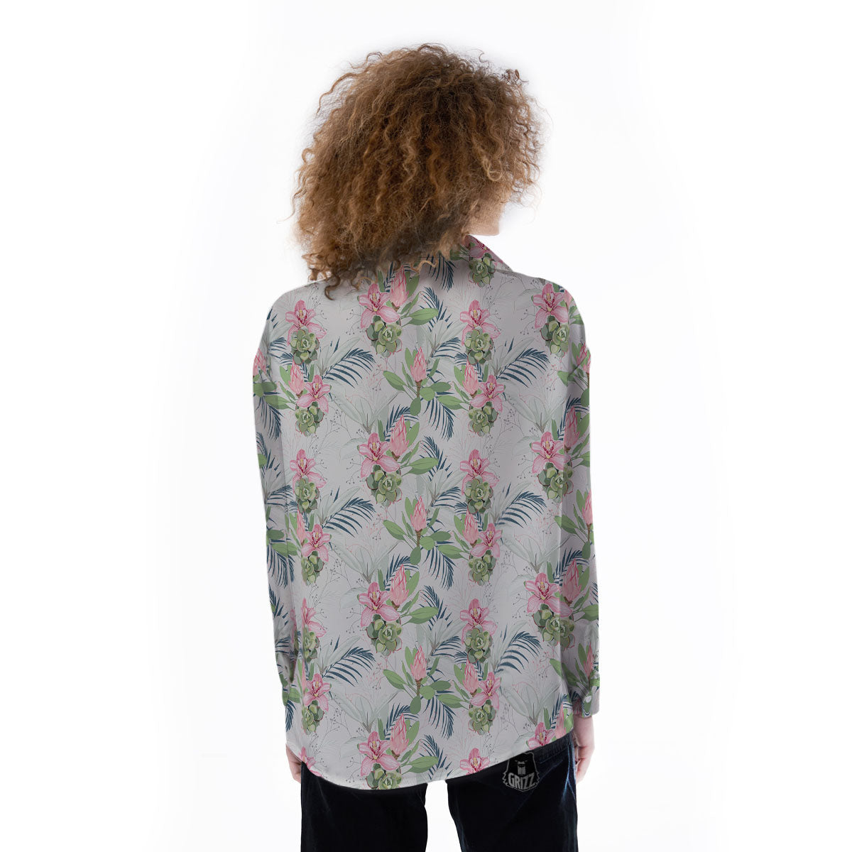 Protea Pink Print Pattern Women's Long Sleeve Shirts-grizzshop