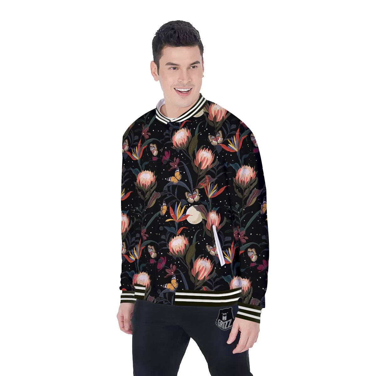 Protea Watercolor Print Pattern Baseball Jacket-grizzshop