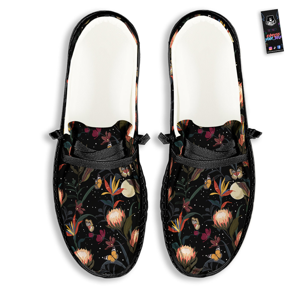 Protea Watercolor Print Pattern Black Loafers-grizzshop