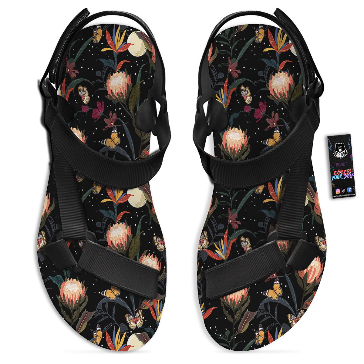 Protea Watercolor Print Pattern Black Open Toe Sandals-grizzshop