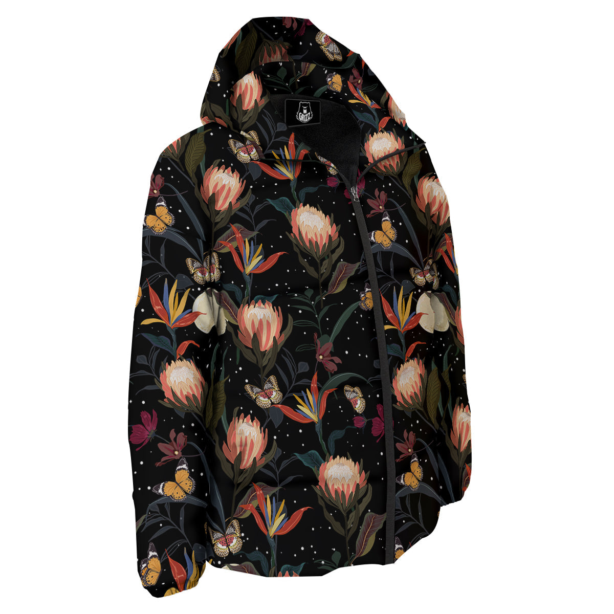 Protea Watercolor Print Pattern Down Jacket-grizzshop