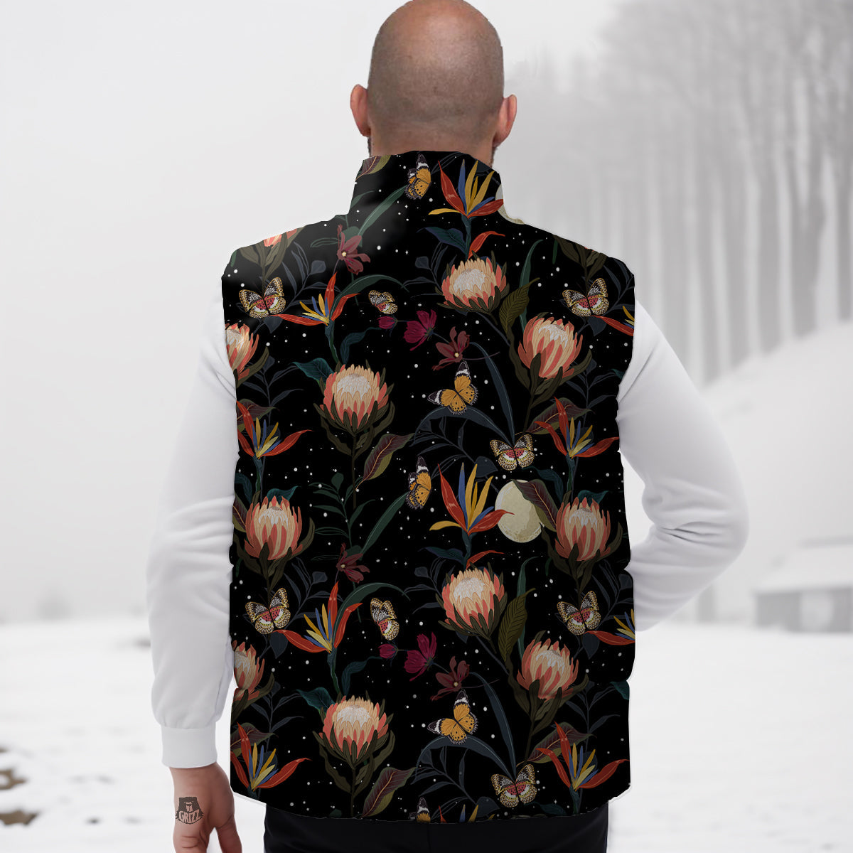 Protea Watercolor Print Pattern Down Vest-grizzshop