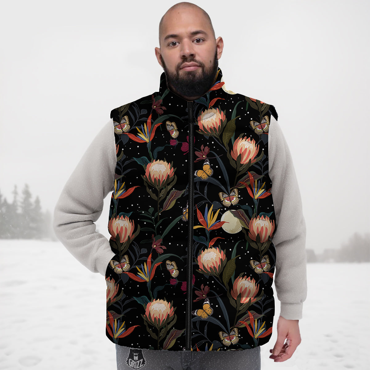 Protea Watercolor Print Pattern Down Vest-grizzshop