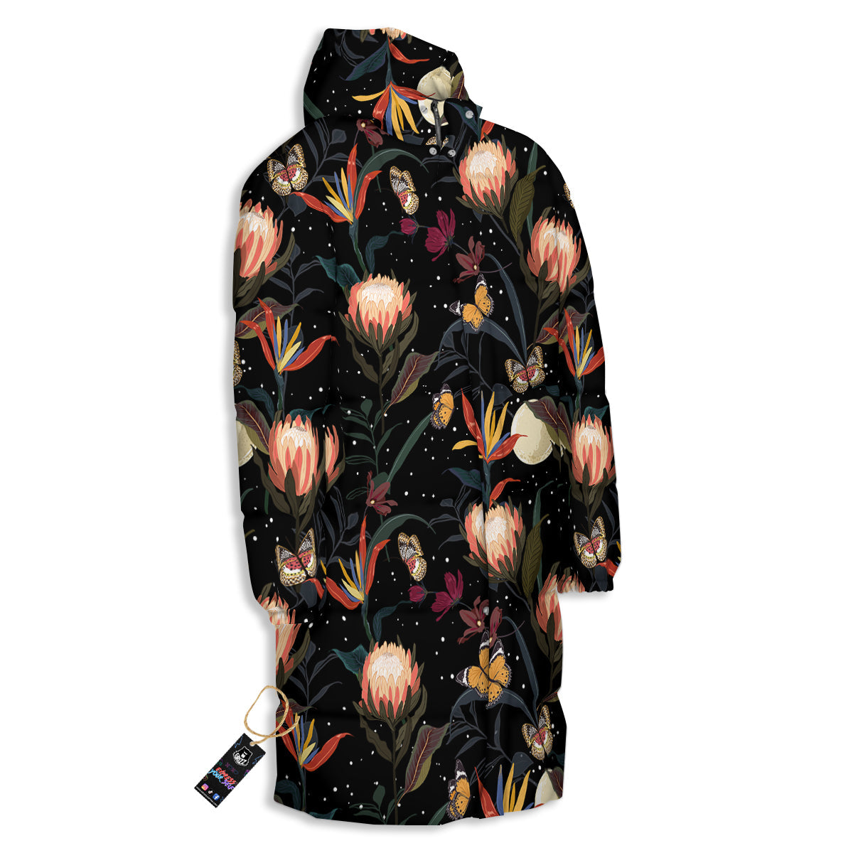 Protea Watercolor Print Pattern Long Down Jacket-grizzshop